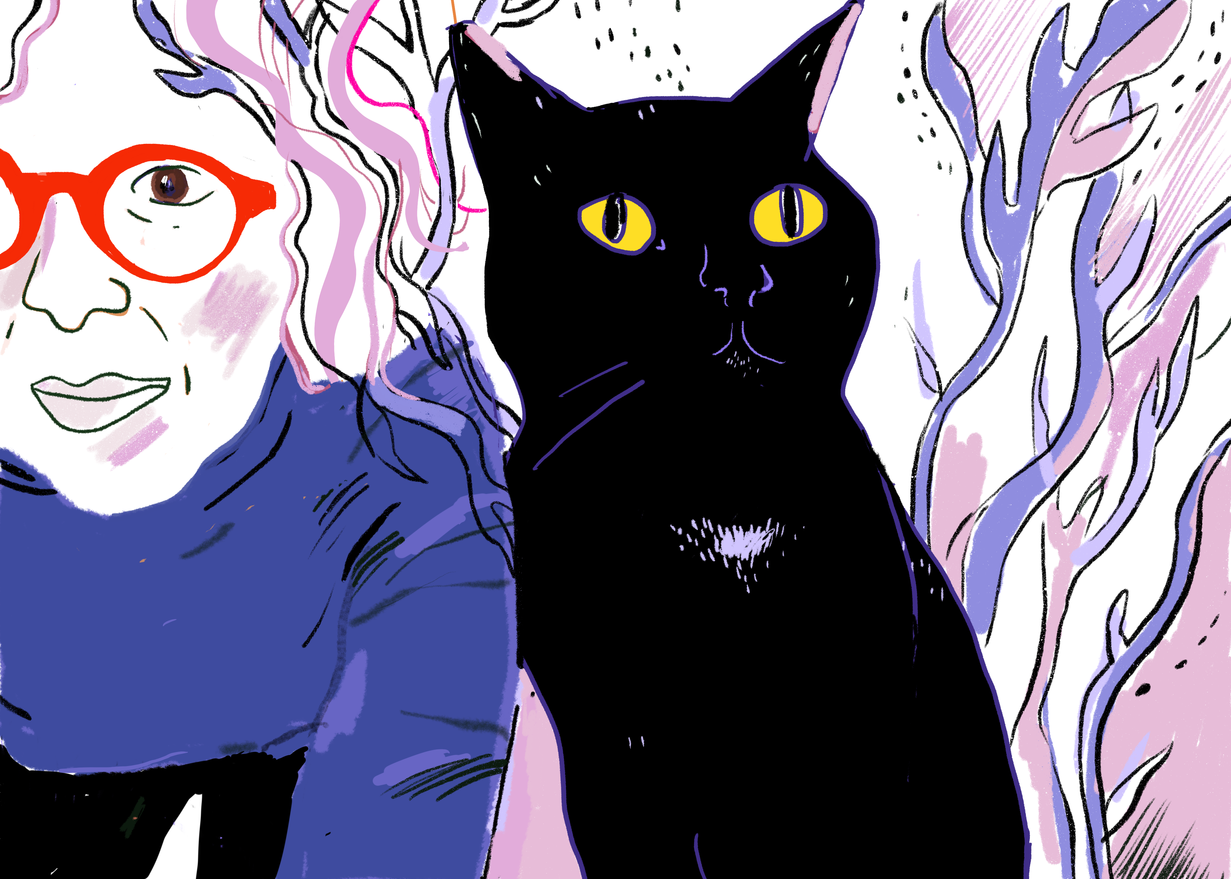 a drawing of zannah next to a black cat, with a windy leafy background